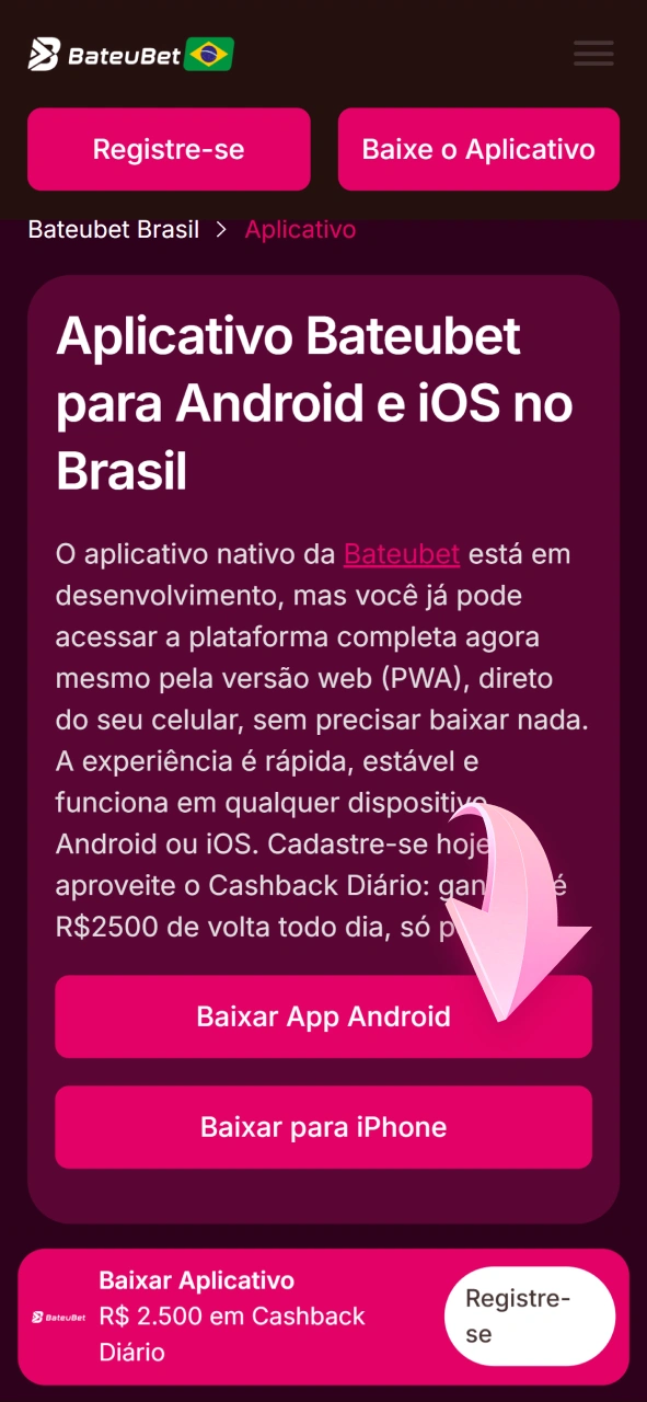 Clique no botão de instalação do app Bateubet no Android.