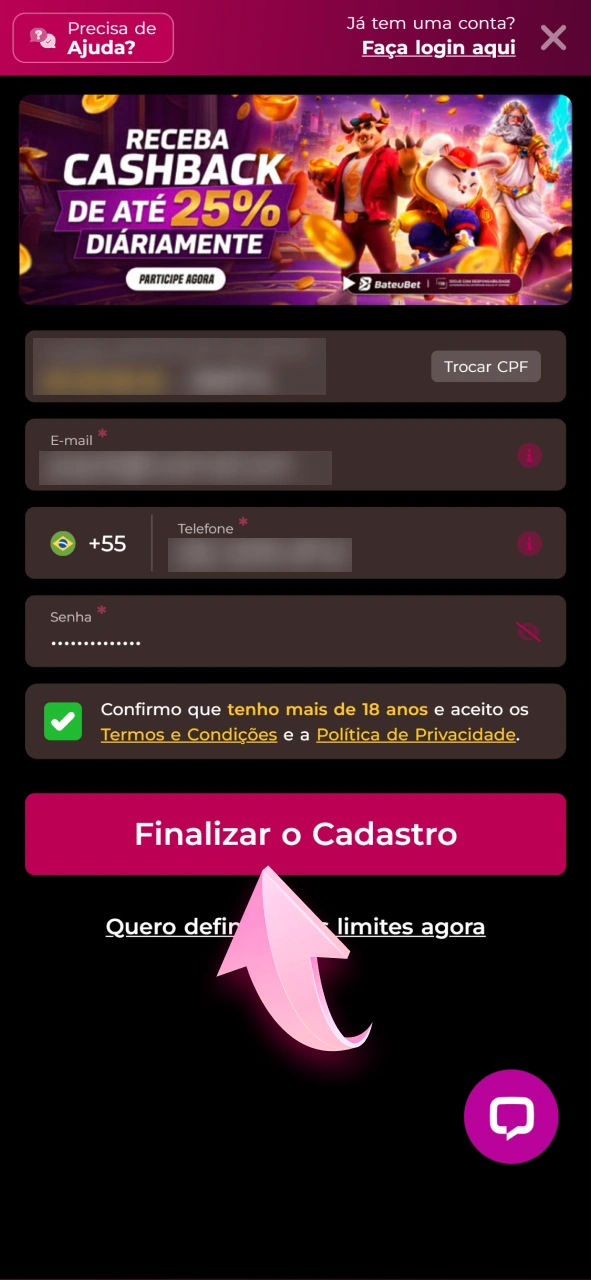 Abra o app Android da Bateubet e crie sua conta de jogador.