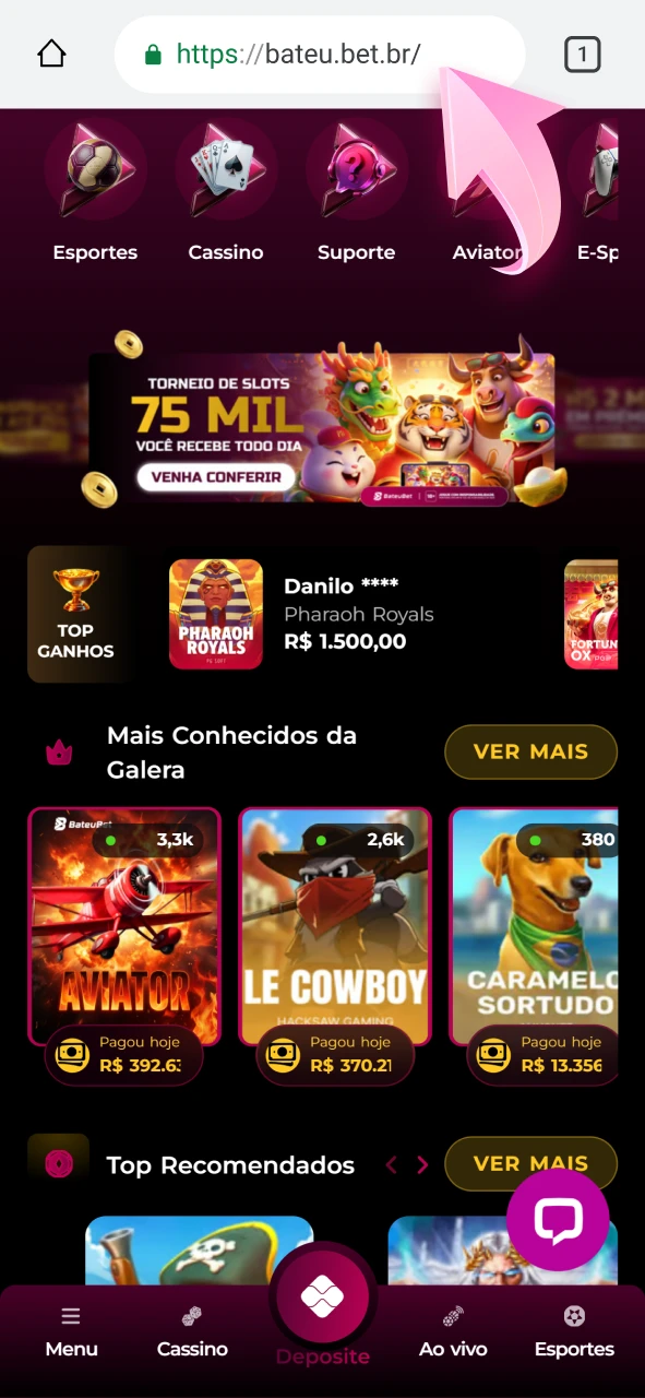 Acesse a versão web mobile da Bateubet no dispositivo Android.