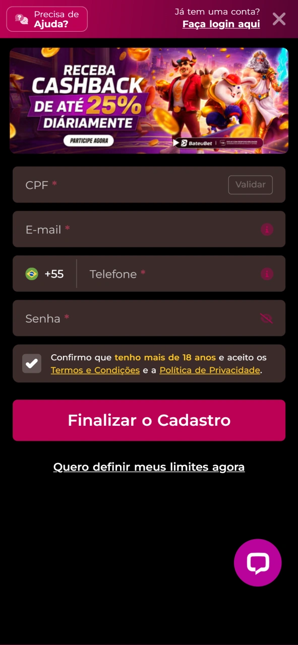 Captura de tela do formulário de cadastro no app Bateubet.