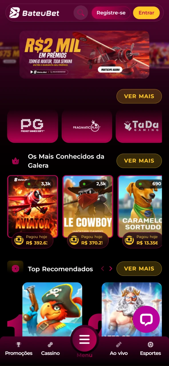 Captura de tela do lobby de cassino no app Bateubet.