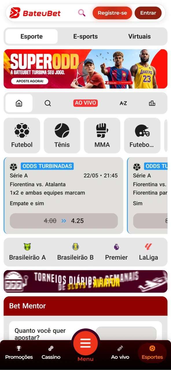 Captura de tela das apostas esportivas no app Bateubet.