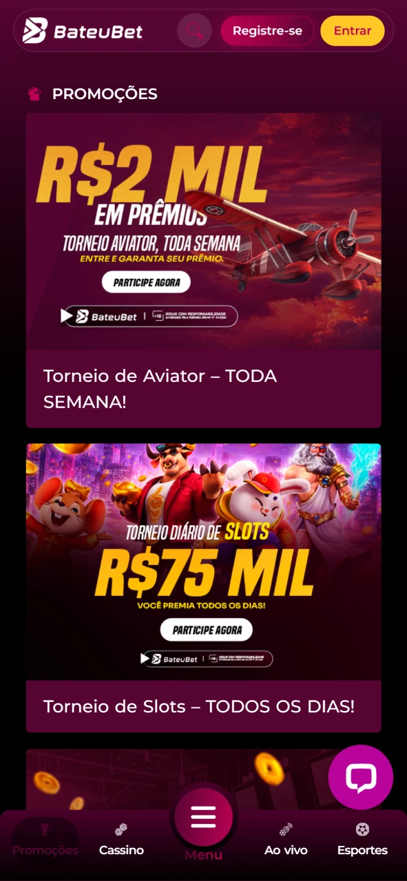 Captura de tela da área de promoções no app Bateubet.