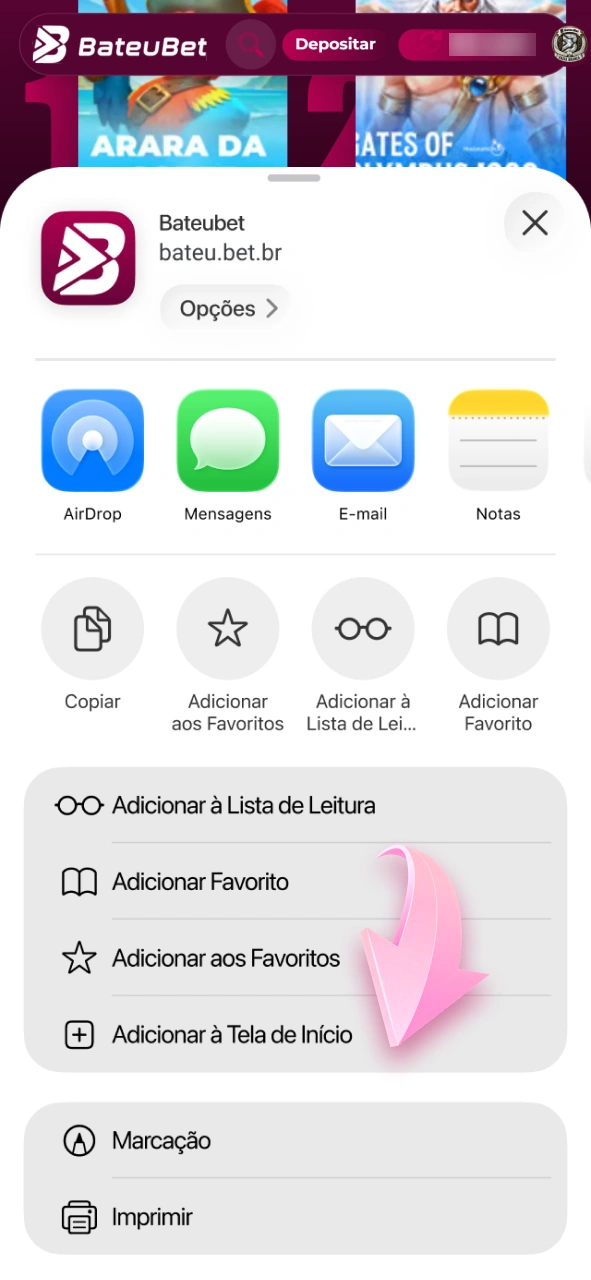 Adicione o app Bateubet à tela inicial no iOS.
