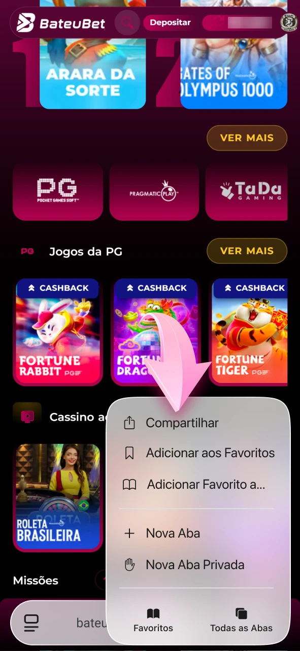 Toque no botão compartilhar no navegador iOS para o app Bateubet.