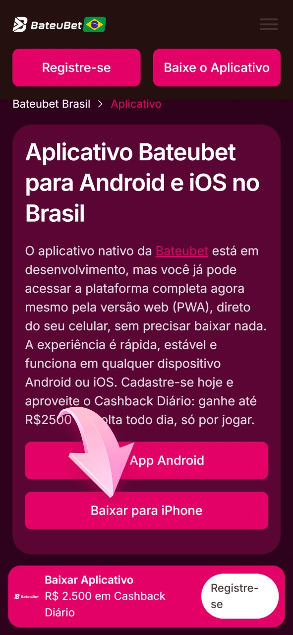 Clique no botão para instalar o app Bateubet no iOS.