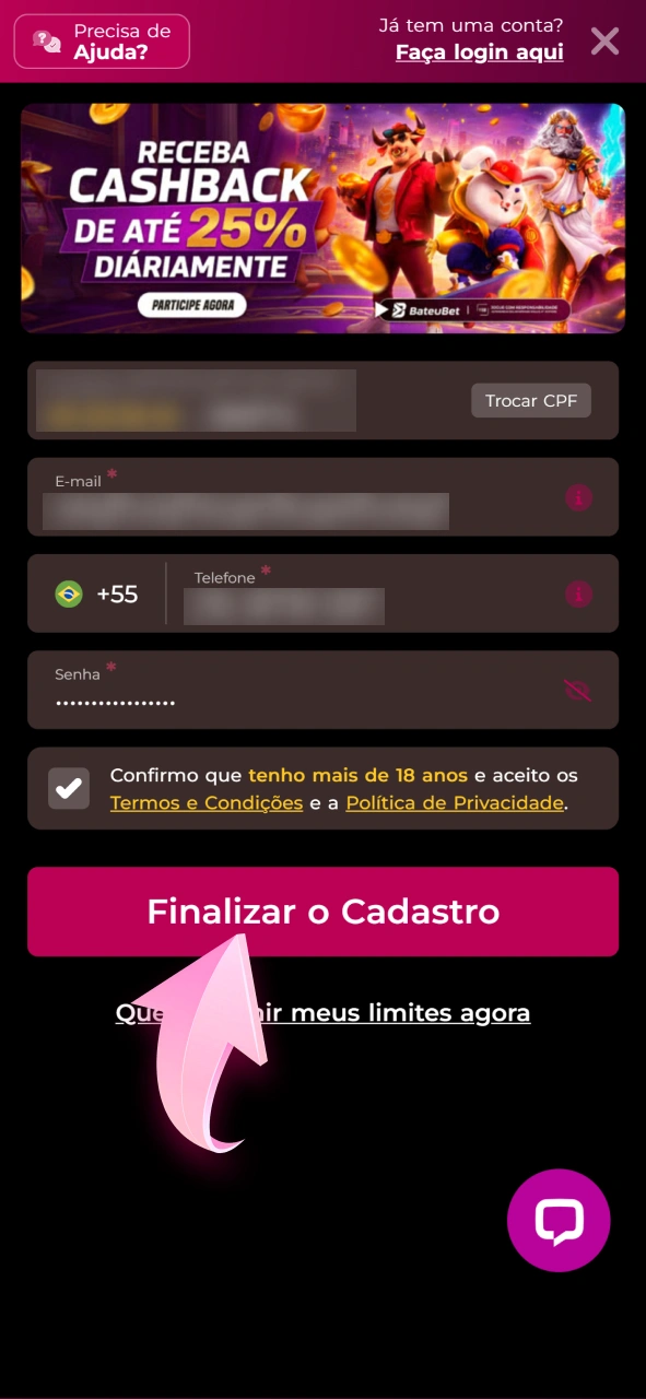 Cadastre-se na Bateubet utilizando o aplicativo móvel para iOS.