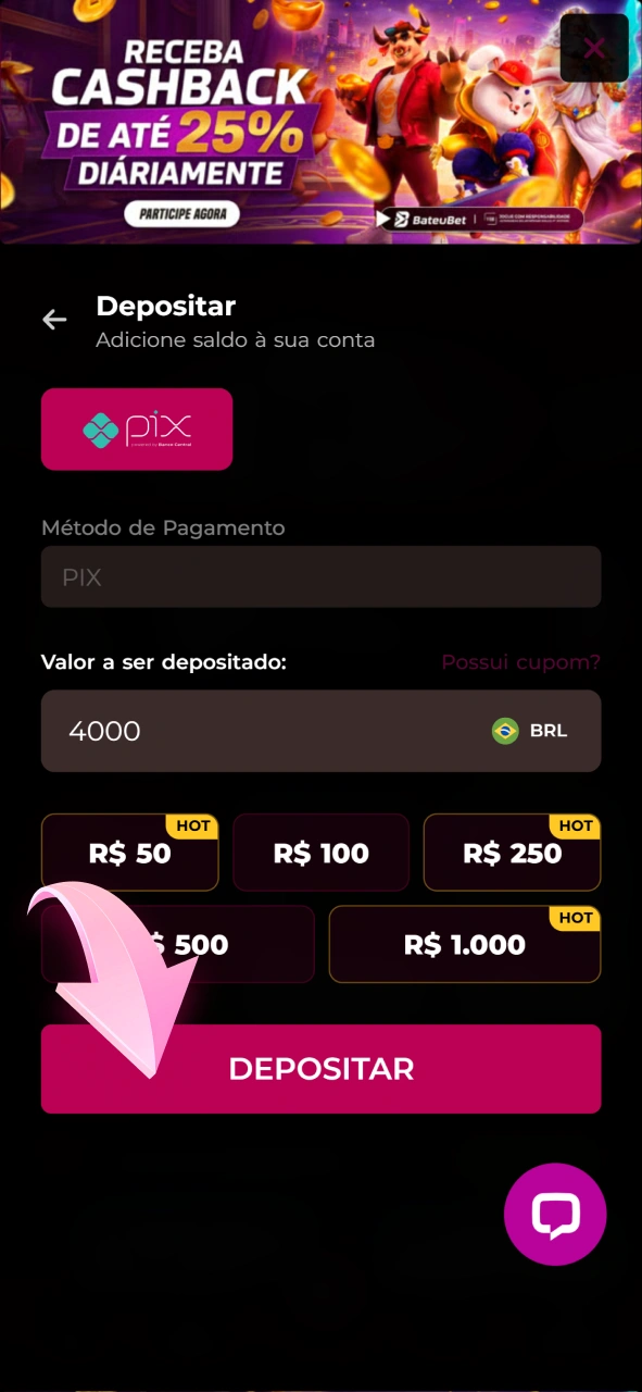 Deposite saldo na sua conta para jogar Aviator na Bateubet.