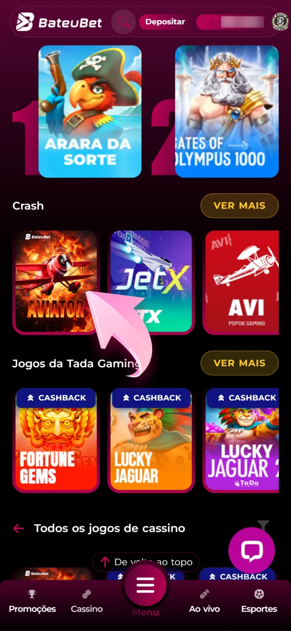 Saiba como encontrar o jogo Aviator no menu da Bateubet.