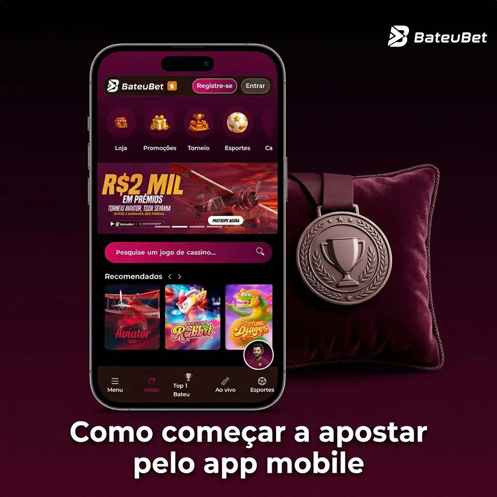 Passo a passo para apostar pelo app mobile Bateubet, desde login até confirmação da aposta em esportes