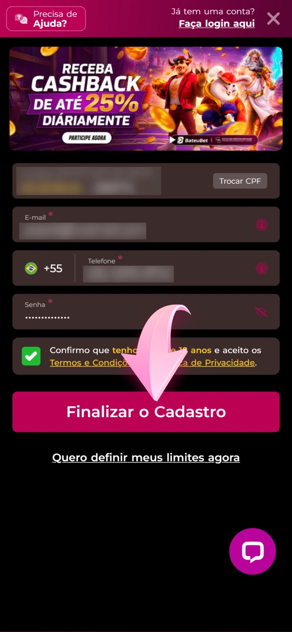 Confirme os dados preenchidos para finalizar seu cadastro na Bateubet.