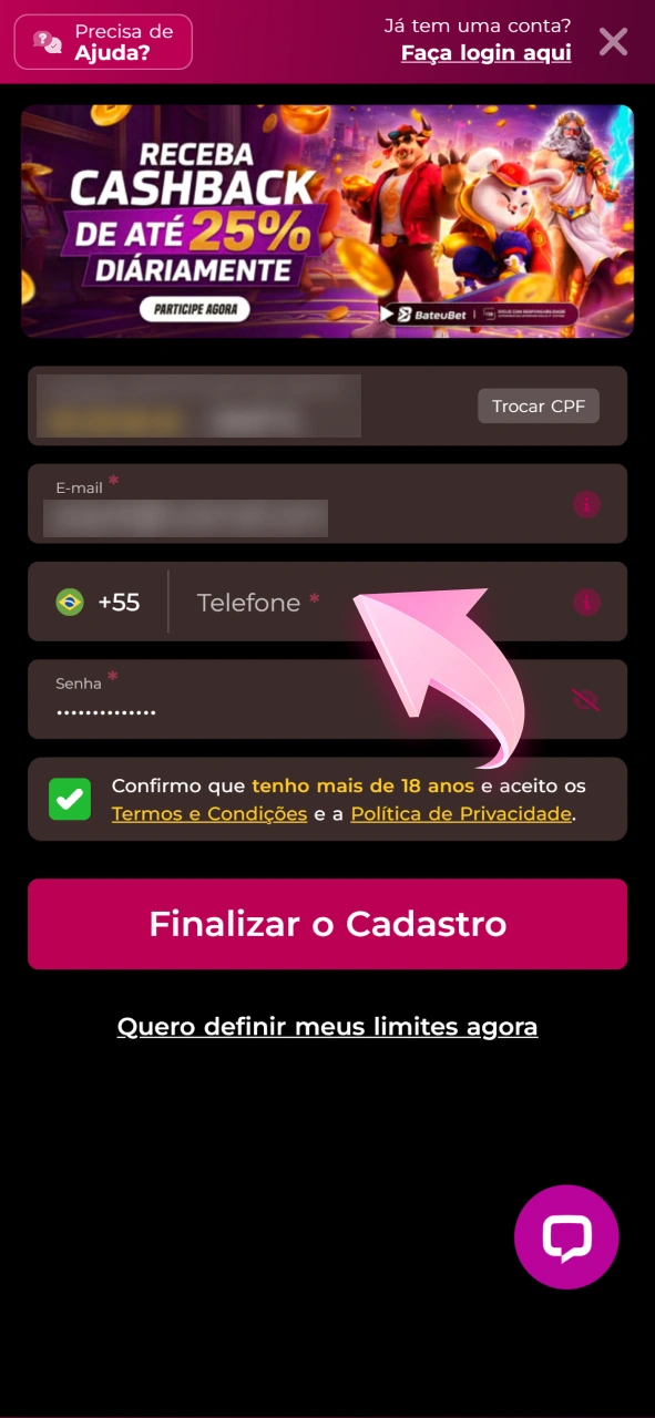 Preencha as informações de contato e localização no registro Bateubet.