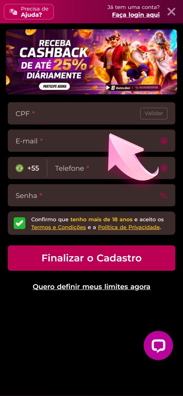 Insira seus dados pessoais no formulário de inscrição da Bateubet.