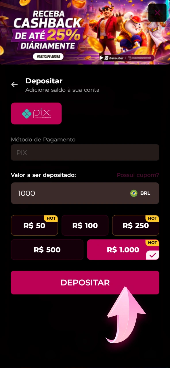 Adicione créditos na carteira para apostar no cassino ao vivo Bateubet.