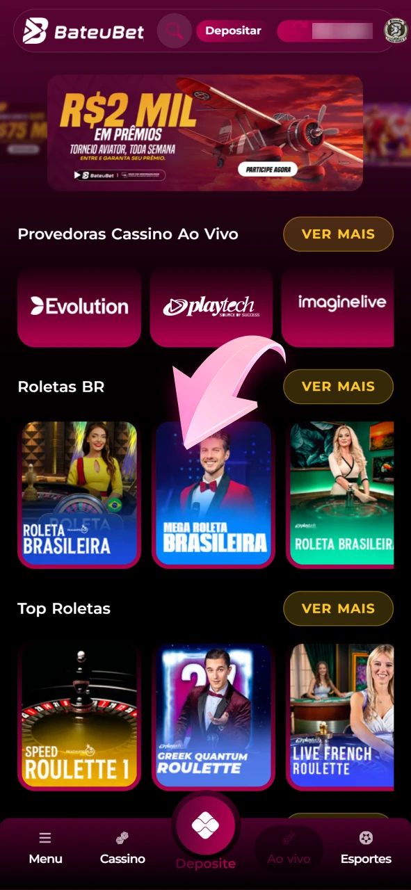 Navegue pelas seções de jogos e mesas ao vivo da Bateubet.