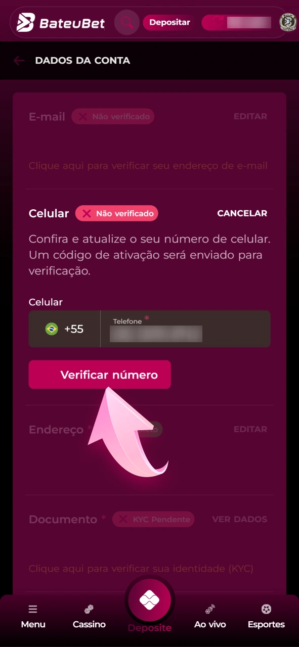Verifique sua conta para liberar saques do cassino ao vivo Bateubet.