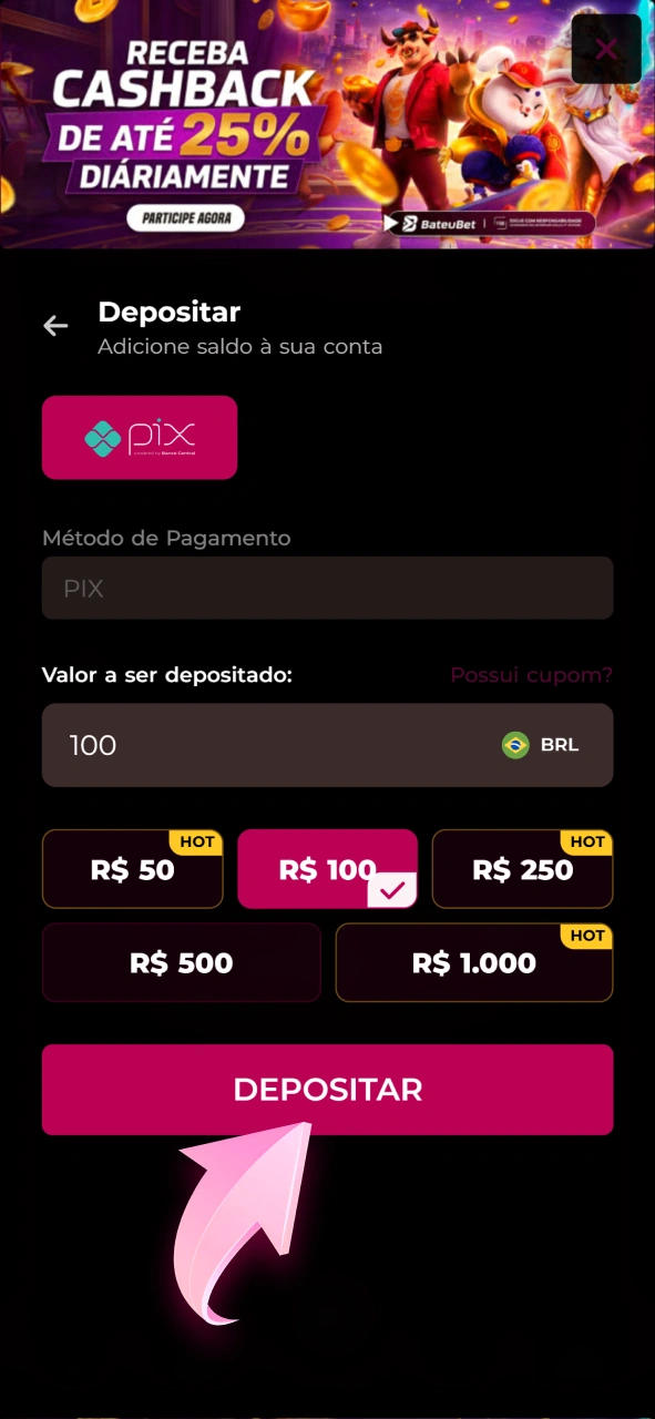 Efetue um depósito rápido para usar nos slots do cassino Bateubet.