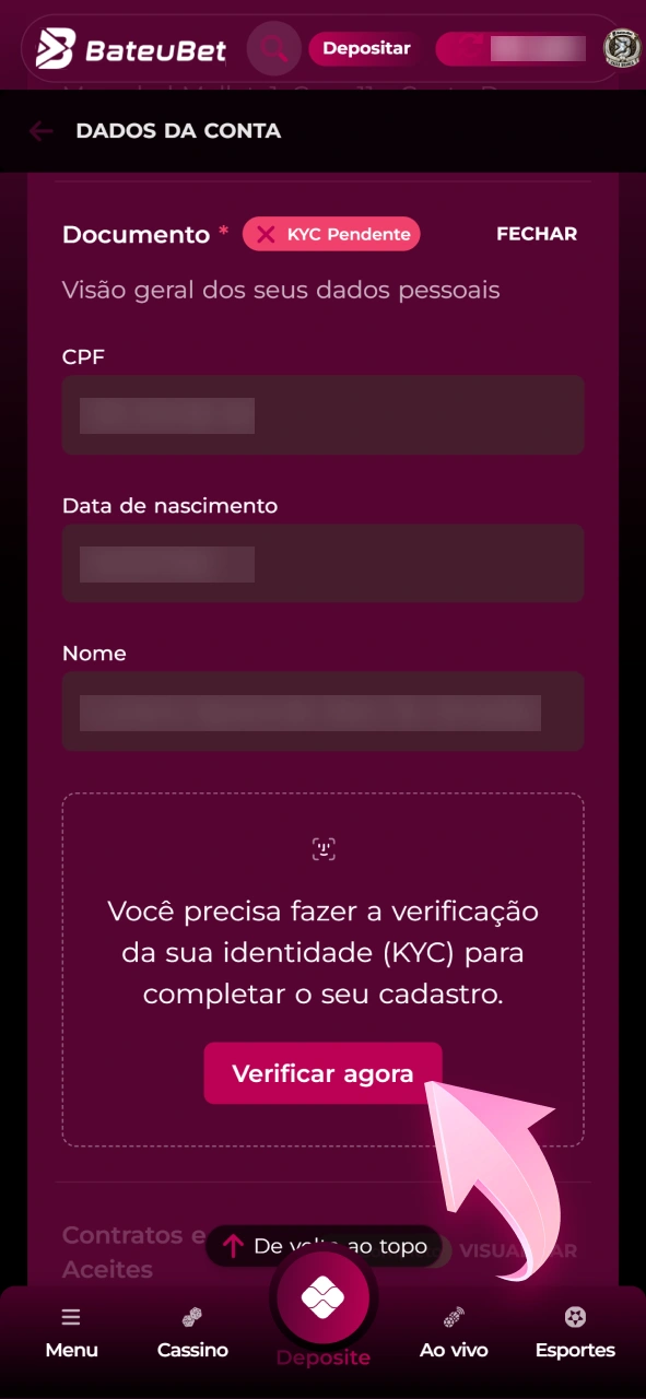 Complete a verificação de identidade no cassino Bateubet.