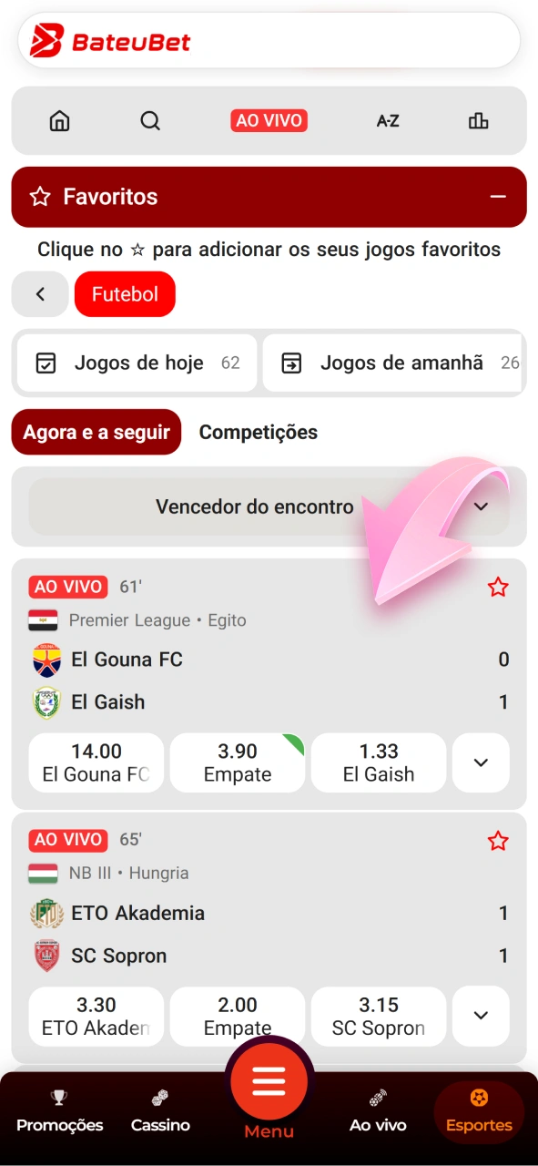 Selecione o campeonato ou liga de futebol para apostar na Bateubet.