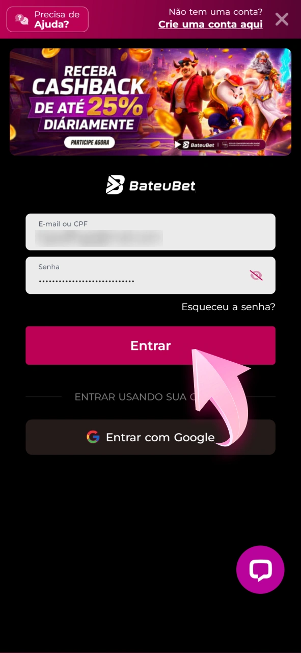 Faça login na sua conta Bateubet para gerenciar apostas de futebol.