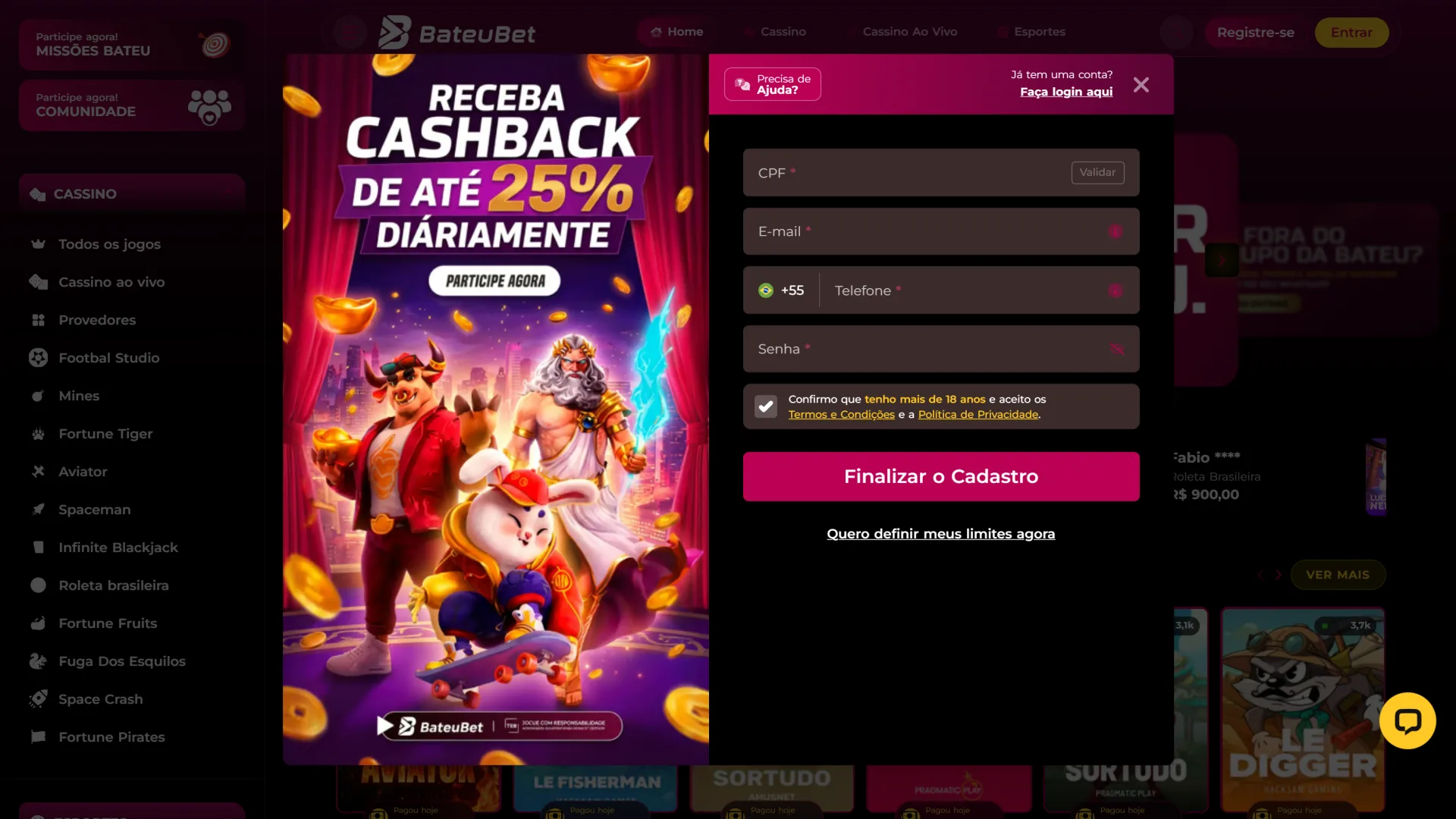 Cadastre-se na Bateubet agora mesmo e abra sua conta de jogador em poucos minutos.