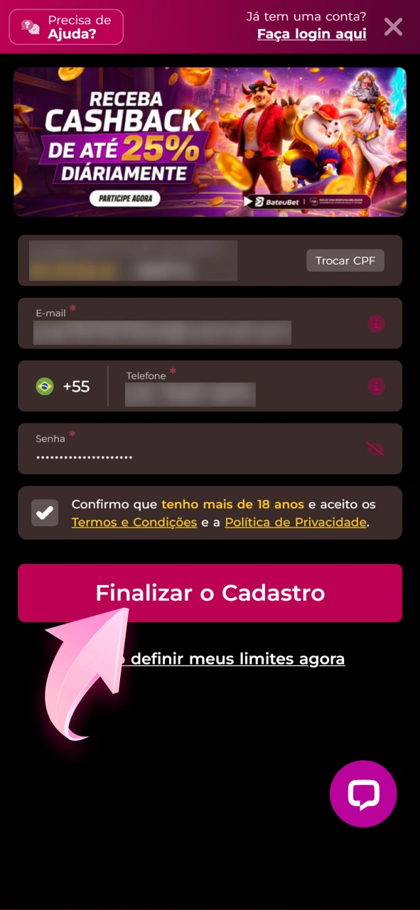 Entre na sua conta Bateubet para iniciar o processo de depósito.