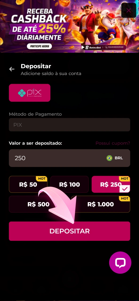Confirme a transação de depósito na tela de pagamento da Bateubet.