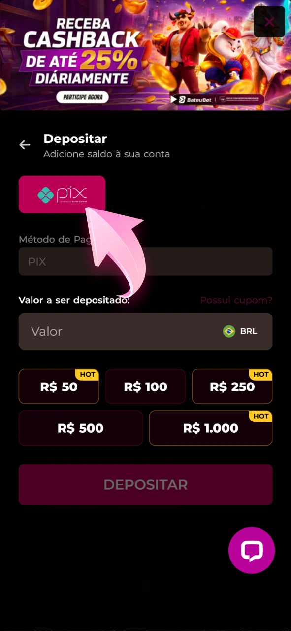 Escolha o método de depósito de sua preferência na Bateubet.