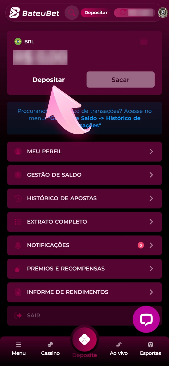 Entre na seção de depósitos dentro do caixa da Bateubet.