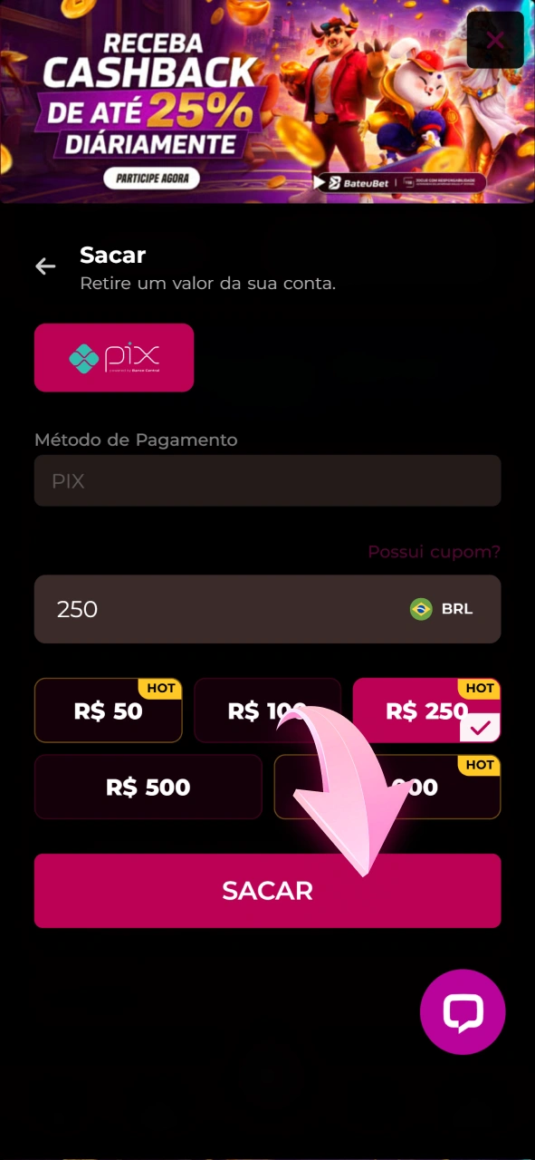 Clique para confirmar a sua solicitação de retirada na Bateubet.