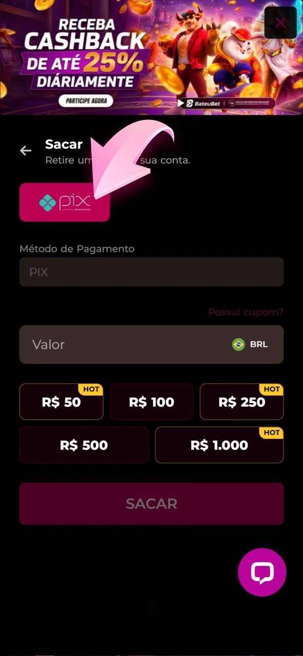 Escolha a opção de pagamento disponível para realizar saques na Bateubet.