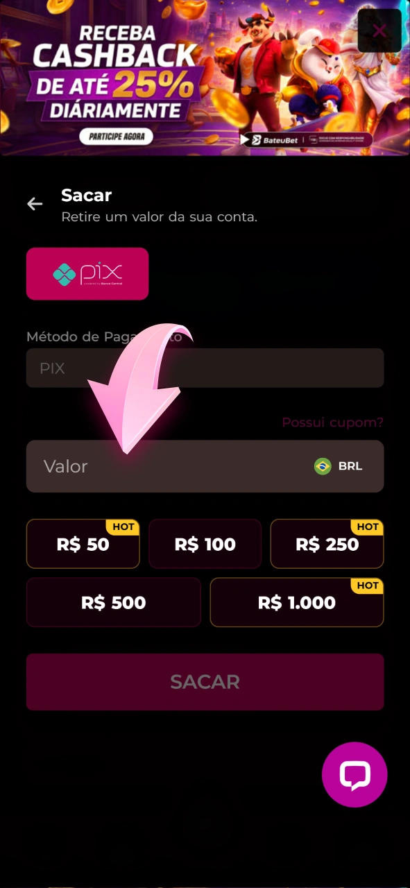 Preencha o valor do saque e os dados bancários na Bateubet.