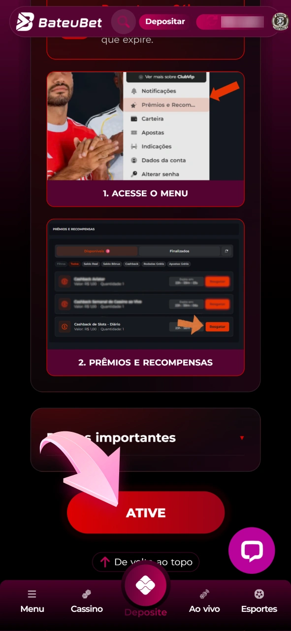 Siga as etapas para ativar as promoções na sua conta Bateubet.
