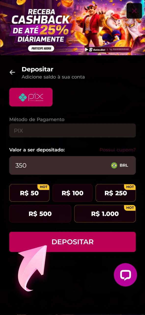Realize o depósito mínimo necessário para liberar sua oferta na Bateubet.
