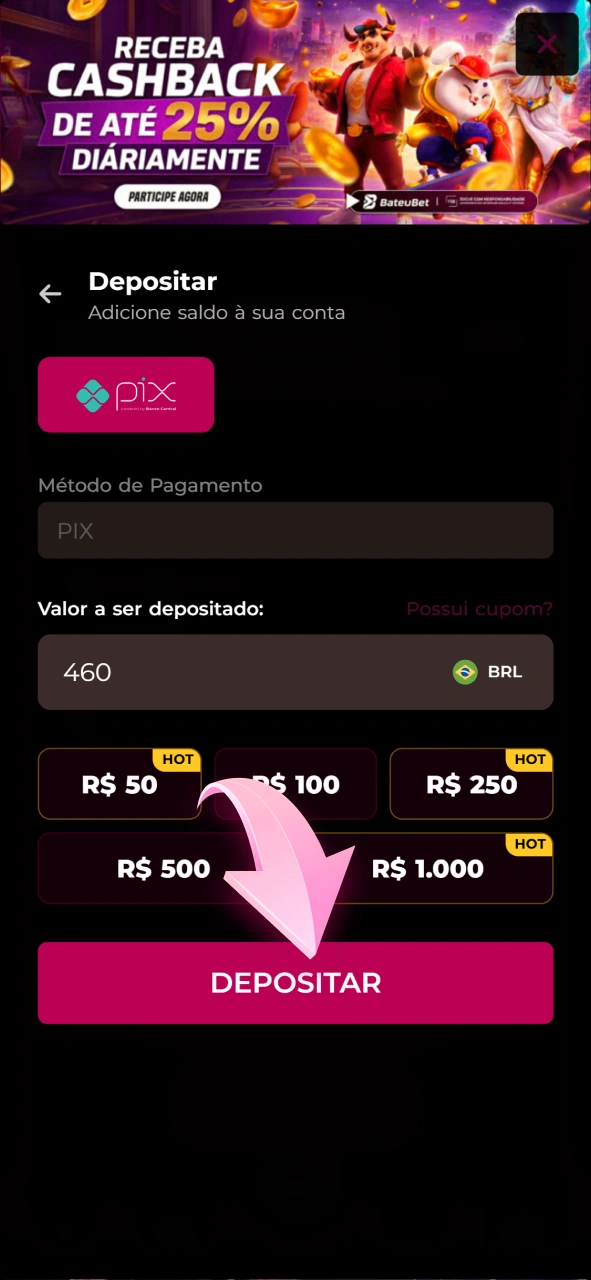 Deposite fundos em conta para jogar nos caça-níqueis da Bateubet.
